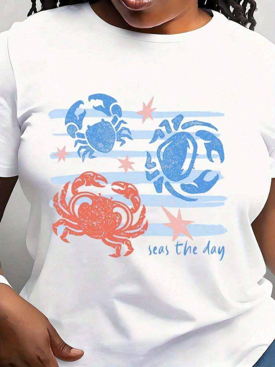 Camiseta Moderna Minimalista con Diseño de Cangrejo, Divertida Camiseta Gráfica de Verano, Camiseta Costera para Amantes de los Mariscos, Camiseta Náutica de Playa para el Día a Día - Blanco - Ver 1
