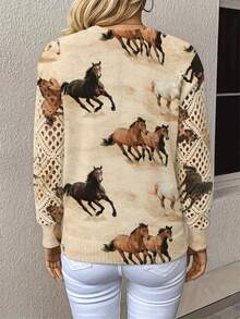 ADFHP Spring/Autumn Women's Top, Vintage Realistic Horse Print, V-Neck Loose Knit Sweater, Hollow Sleeve Design, Casual Versatile, Daily Commute - Multicolor - View 4