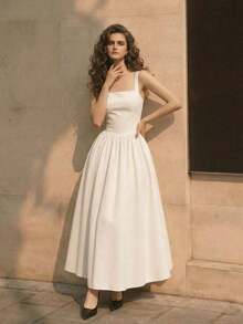 Women's Casual And Elegant Sleeveless Square Neck Dress With Black And White Polka Dots, Fitted Silhouette, Suitable For Work Or Dates, A-Line Long Skirt, Appropriate For Summer And Spring, Elegant Party Dress, Outerwear, Vacation Dress, Polka Dot Dress - 灰色 - 查看 3