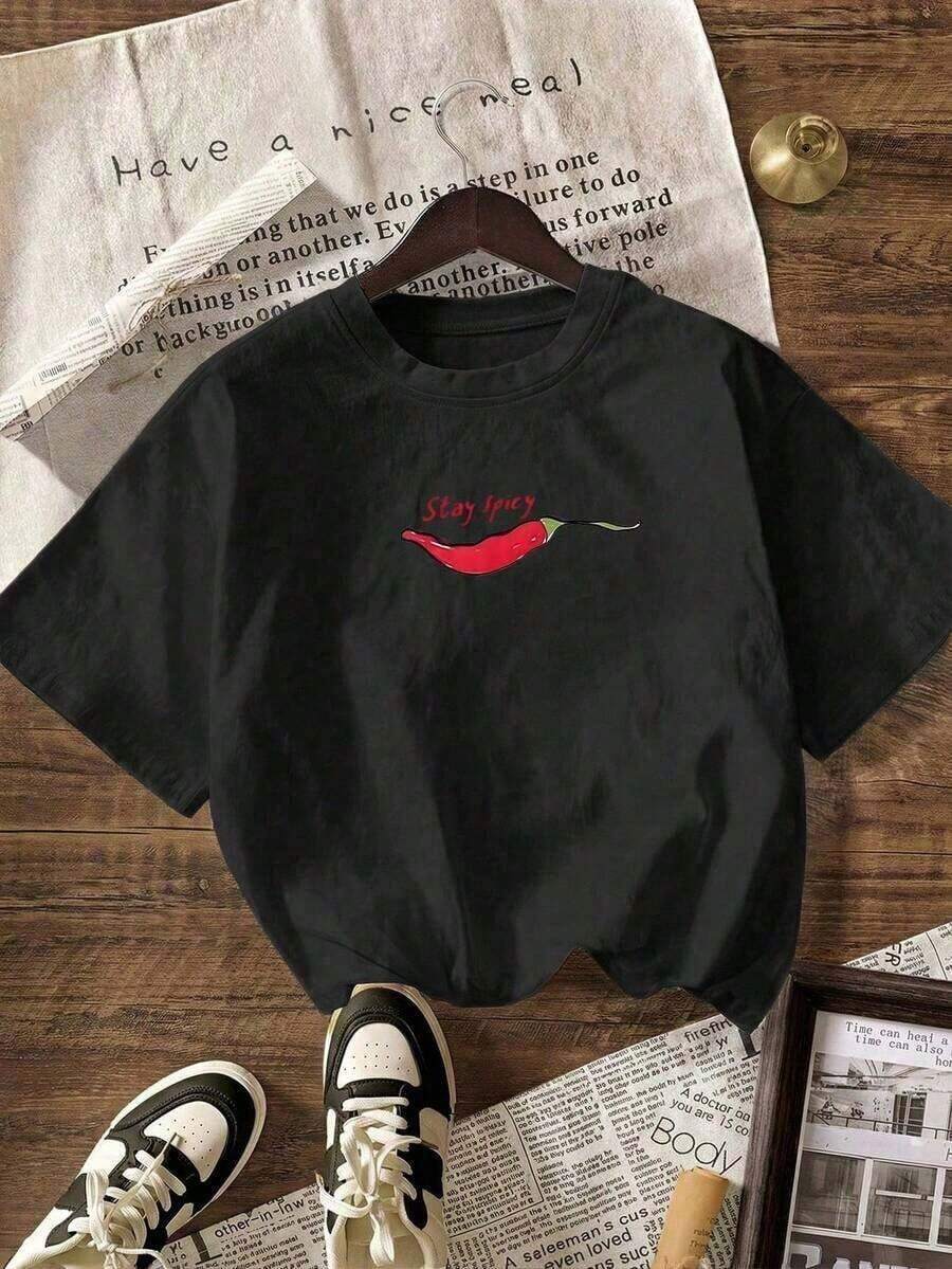 Camiseta de Manga Corta con Estampado Gráfico de Chile Picante Y2K, Casual de Verano para Mujer, Ropa de Vacaciones y Playa, Camiseta de Algodón de Manga Corta para Vacaciones de Verano. - Negro - Ver 1