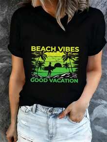 Camiseta de vacaciones estilo playa, de manga corta estampada para mujer, diseño negro, modelo de moda 2026, lavable aáquina, adecuada para todas las estaciones, apariencia moderna, ropa duradera para primavera-verano, regalo para el Día de la Madre - Camiseta unisex de algodón holgada de manga corta y cuello redondo estilo vintage urbano. - Negro - Ver 6