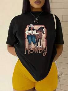 100% algodón puro, Camiseta de mujer, Camiseta gráfica de mujer - Vaquera con caballo, Arte de saludo del oeste, Camiseta casual de cuello redondo, Ideal para fiestas y regalos, Adecuada para todas las estaciones, Tops de mujer - Negro - Ver 6