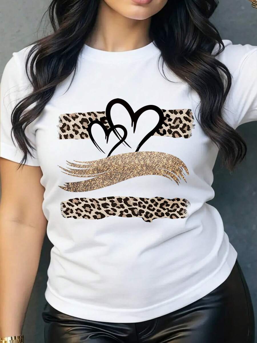 Camiseta 100% Mujer, Manga Corta de Verano, Ajuste Slim, Ligera y Versátil, Estilo Casual, Moda Trendy, Estilo Ins, Estampado de Corazón con Leopardo para el Día de San Valentín - Blanco - Ver 1