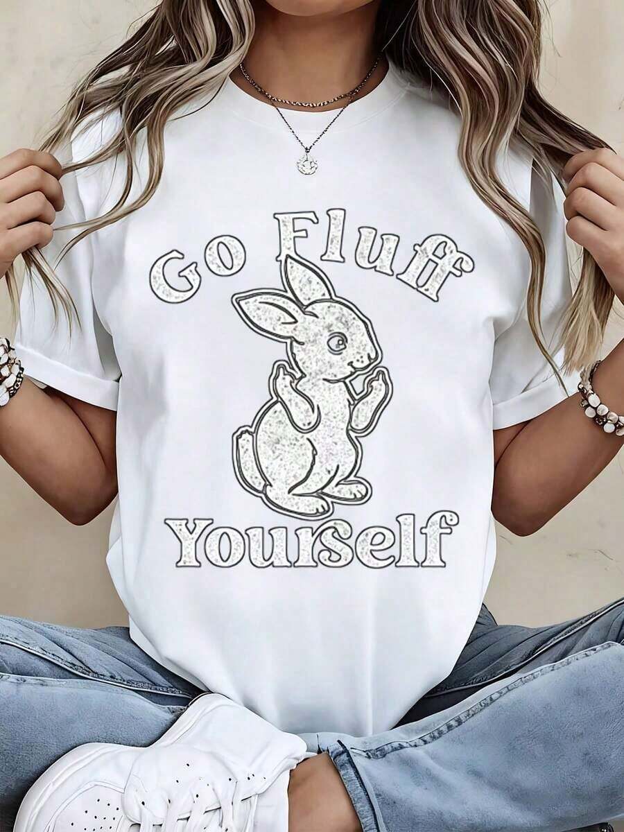 Camiseta con Estampado de Conejo "Go Fluff Yourself" para Uso Casual y Atuendos Cotidianos - Estilo Urbano Vintage, Unisex, de Algodón, Manga Corta, Cuello Redondo, 100% Algodón - Blanco - Ver 1