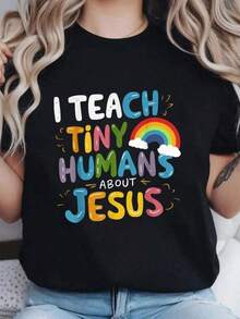 Camiseta única Y2K con diseño colorido que dice Enseño a Pequeños Humanos sobre Jesús, perfecta para educadores y amantes de la enseñanza, moda juvenil y divertida, ideal para destacar en cualquier ocasión, atrévete a lucirla y comparte tu pasión. - Negro - Ver 8