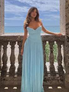 Vestido largo bandeau sin mangas ajustado espalda descubierta estilo europeo elegante verano fiesta nueva colección femenina - Azul - Ver 2
