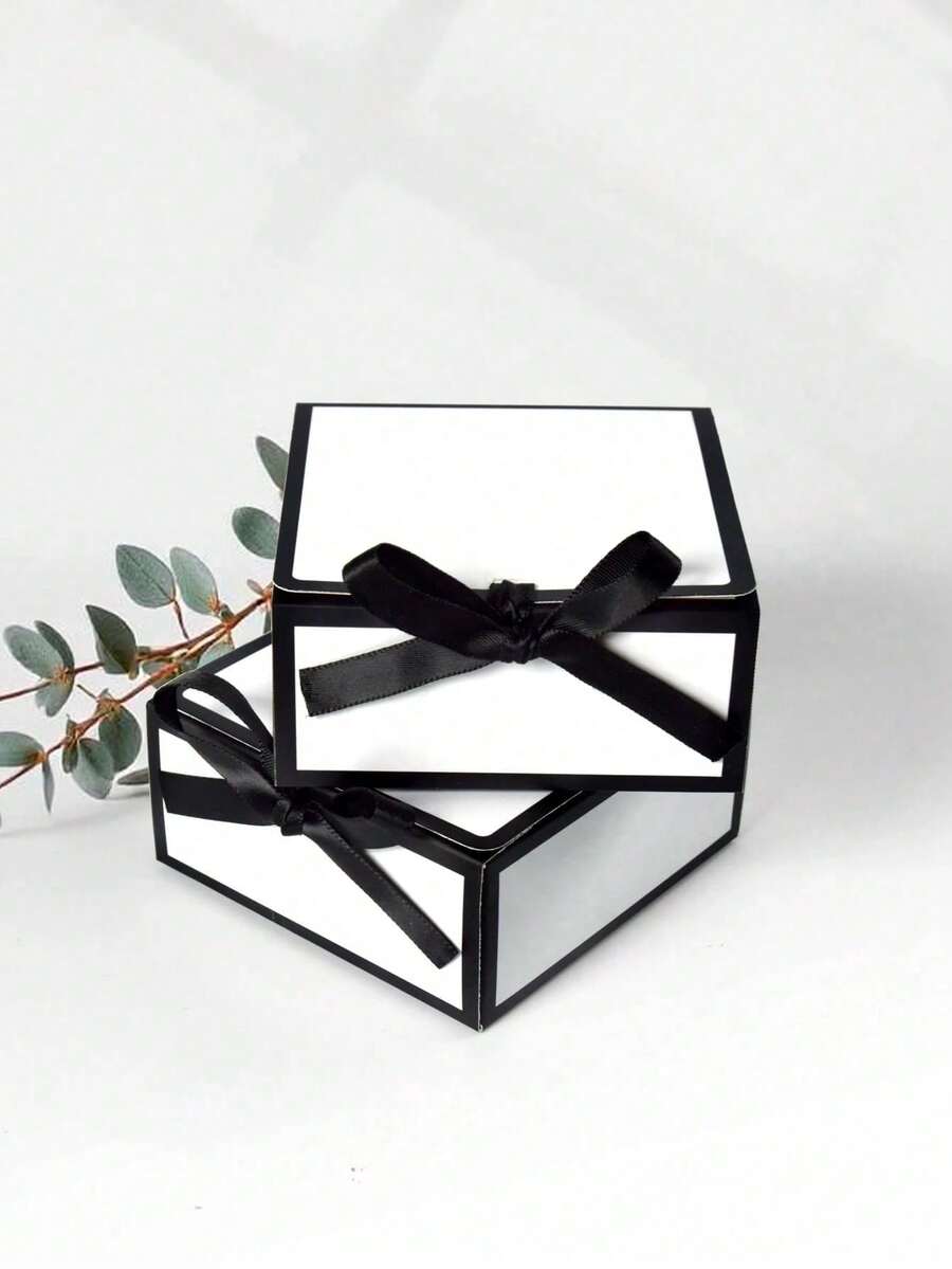Black & White Contrast Minimalist Luxury Gift Box, Gift Boxes With Lids, Black Satin Ribbon Bow Jewelry Packaging Box, Flip-Top Creative Gift Box, Blank Design For DIY Text (Wedding Theme,Blessing,Teachers' Day, Christmas)