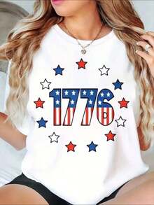 Camiseta Patriótica 1776 con Estrellas de la Bandera Americana para Celebración del Día de la Independencia para Mujer - Estilo Vintage Urbano Unisex, de Algodón, Manga Corta, Cuello Redondo, 100% Algodón - Blanco - Ver 7