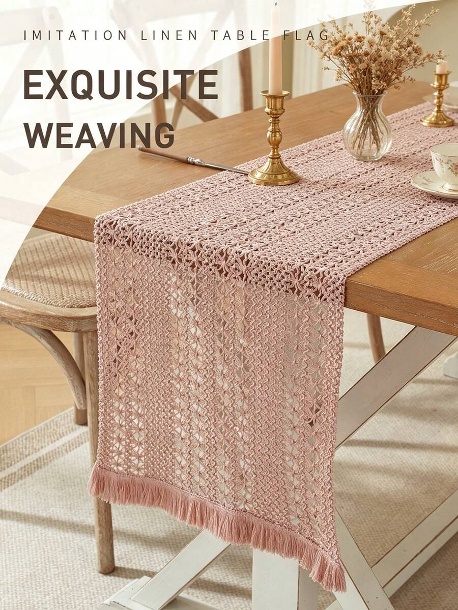 1 pieza Camino de mesa rosa delicado a rayas y hueco, estilo rústico minimalista adecuado para cocina, comedor, sala de estar, hogar, fiesta, hotel, restaurante, boda, banquete, cena, celebración festiva, regalo de temporada, múltiples tamaños disponibles