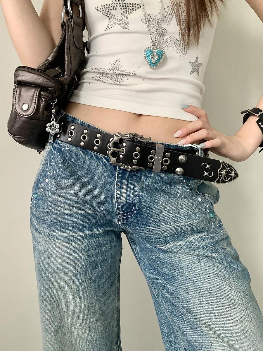 1pc Black PU Material Niche Street Rivet Personalized Belt For Women - Black - View 1