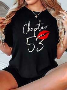 Camiseta de Mujer Casual de Cuello Redondo y Manga Corta, Opciones en Negro y Blanco, Camiseta con Estampado Gráfico "Chapter 53 Lipstick Kiss", Camisetas para Uso Diario, Tops de Verano, Camisetas Gráficas, Conjuntos de Verano para Mujer, Camisetas Cortas para Mujer, Tops Vintage de Algodón, Ropa Linda para Mujer, Playera Holgada para Mujer - Negro - Ver 7