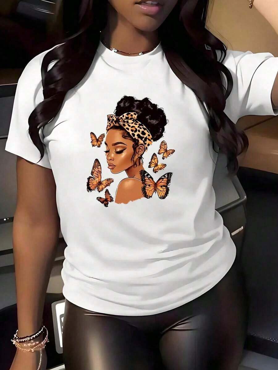 Playeras de mujer de algodón, camiseta holgada con estampado de mariposas, transpirable, de cuello redondo y manga corta, adecuada para primavera, verano y otoño, atuendo casual versátil, blusa para todo tipo de cuerpos. - Blanco - Ver 1