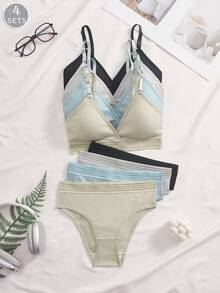 4 Sets Solid Color Ribbed Minimalist Wireless Breathable Sports Bra And Panty Set For Women - Multicolor - View 2