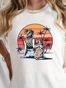Camiseta estampada de cuello redondo, top casual de manga corta para primavera y verano, ropa de mujer. Top de manga corta cómodo y versátil. - Blanco - Ver 6