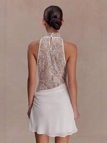 Vestido corta nueva llegada, cuello colgante con encaje, escote caído y corte ajustado - Pearl White - Ver 2