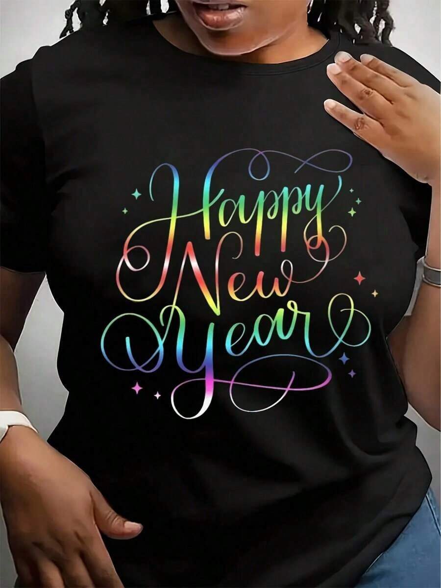 New Women's Summer Casual T-Shirt, Soft And Breathable Cotton Short Sleeve T-Shirt, Round Neck, Regular Vintage Urban Style, Unisex, Loose Fit, For New Year's Eve And Happy New Year Party - 黑色 - 查看 1