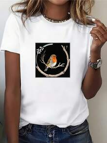 Camiseta de mujer, 180G, con diseño de pájaro rojo, camiseta familiar - Ideal para festivales de verano y actividades grupales, ligera y cómoda, un regalo perfecto para él o ella. - Blanco - Ver 1