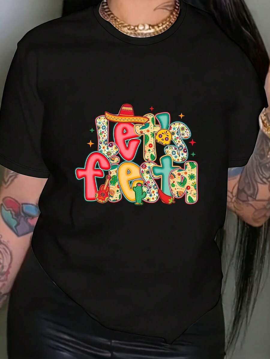 Women's T-Shirt With Floral Print, Featuring May 5th Flowers, Short Sleeves, Round Neck, Casual Style, Suitable For Summer And Spring, Women's Clothing, Women's Tops. - 黑色 - 查看 1