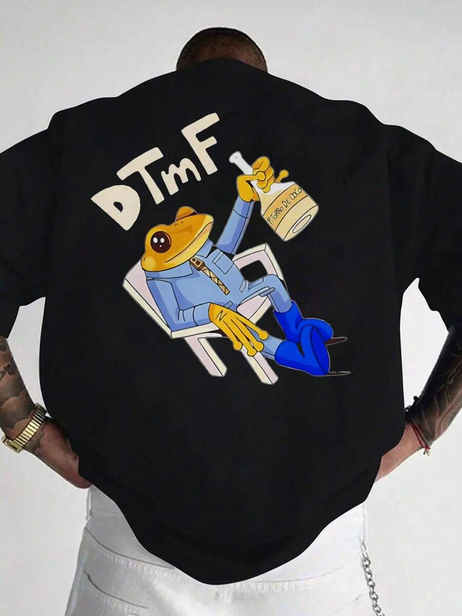Camiseta casual de manga corta para hombre con estampado DTmF, cuello redondo, corte regular, estilo veraniego, tejido ligero y transpirable, perfecta para ropa casual, camiseta diaria con gráficos divertidos y corte cómodo - Negro - Ver 1