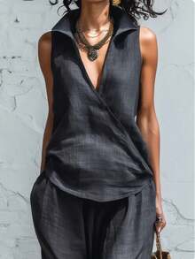 Two-Piece Linen Set With Lapel Collar Shirt And Wide-Leg Trousers - Black - View 3
