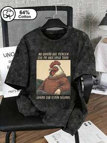 Camiseta casual de talla grande para mujer, con estampado gráfico interesante "No quiero que piensen que no me importa" y gallo, 64% algodón, lavado vintage, manga corta, estilo memo, estilo de dibujos animados americanos, top de verano para mujer color negro - Negro - Ver 7