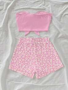 Conjunto de 2 piezas de mujer con estampado floral minimalista azul marino, adecuado para vacaciones, conjunto de 2 piezas con estampado de margaritas para el verano - Rosa - Ver 2
