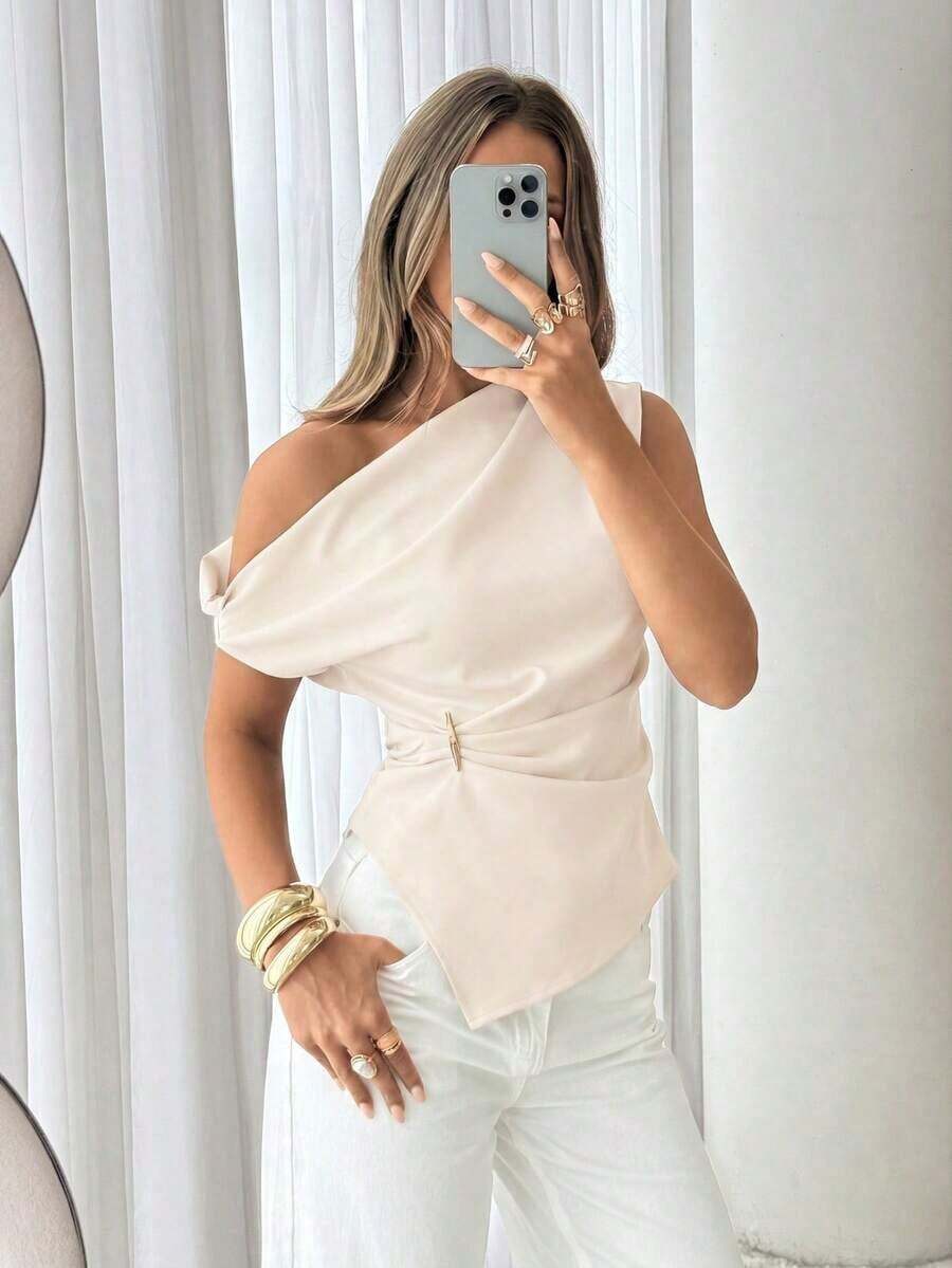 Blusa asimétrica de hombro casual y minimalista de unicolor para mujer - Albaricoque 2 - Ver 1