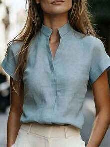 Blusa de mezcla de lino beige casual y elegante para mujer, con cuello alto, manga de murciélago de cuello en V, manga corta para oficina.Blusa holgada de manga corta en V para uso diario, citas y brunch, blusa blanca de verano - Niebla azul - Ver 7