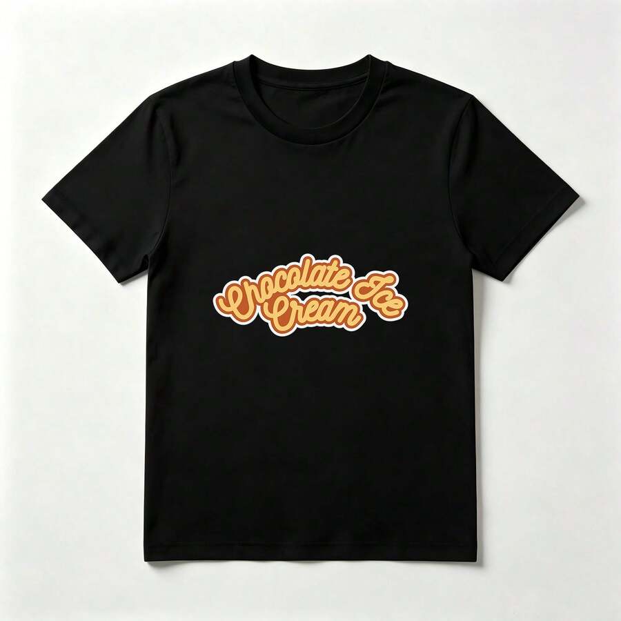 Retro Orange Letters Black Cotton T-Shirt Ice Cream Style - 黑色 - 查看 1