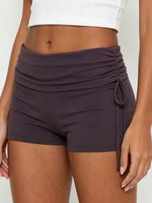 Women Fold Over Waist Shorts Fashionable Solid Color Low Rise Slim Fit Mini Shorts For Beach Daily Wear - Dark Purple - View 4