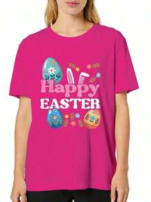 Women's Elegant Short-Sleeved T-Shirt With A Happy Easter Bunny Print, Eggs, Flowers, And A Spring Design. Comfortable, Round Neck, Summer 2026, Short-Sleeved, Printed, Vintage Style, Round Neck, Slightly Stretchy Fabric, Regular Fit, Perfect For Adults. - 紫紅色 - 查看 1