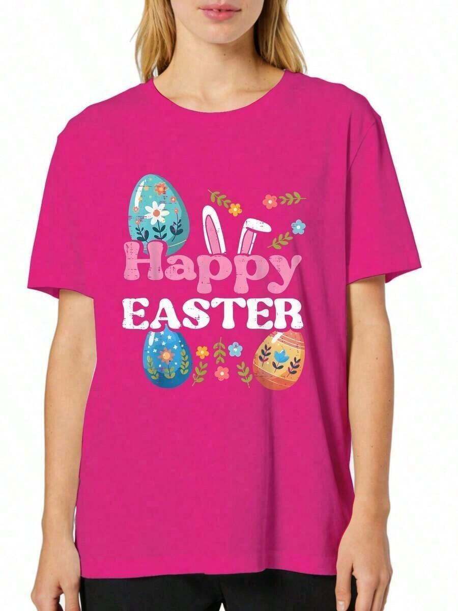 Women's Elegant Short-Sleeved T-Shirt With A Happy Easter Bunny Print, Eggs, Flowers, And A Spring Design. Comfortable, Round Neck, Summer 2026, Short-Sleeved, Printed, Vintage Style, Round Neck, Slightly Stretchy Fabric, Regular Fit, Perfect For Adults. - 紫紅色 - 查看 1