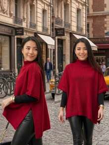 Women's High-Neck Knit Coat, Cape Style, Ideal For Autumn And Winter Looks, Perfect For The Blogger Style. High In The Front And Low In The Back. Pointelle Knit. - 紅色 - 查看 3