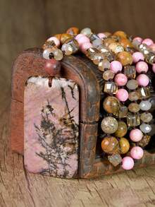 Boho Rhodonite Necklace Square Pendant Handmade Knotted Picture Stone & Rhodonite Long Necklace Vintage Luxury Geometric Pendant Chain - Multicolor - View 3