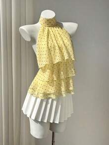 Blusa con cuello de volantes y estampado de lunares para mujer - Amarillo - Ver 3