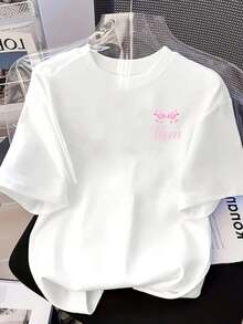Camiseta estampada de manga corta con diseños en la parte delantera y trasera - Mamá, lazo rosa - Camiseta estampada de moda para mujer, primavera/verano, ¡tu mejor elección!100% Algodón - Blanco - Ver 3
