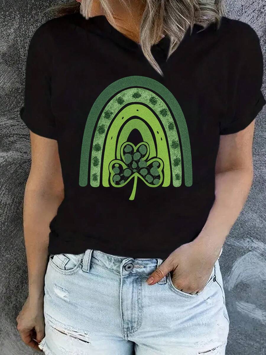 Camiseta de mujer con estampado del Día de San Patricio - Camiseta casual de manga corta y cuello redondo con diseño de trébol de cuatro hojas y arcoíris, patrón geométrico, lavable a máquina, adecuada para primavera y verano, tela ligera. - Negro - Ver 1