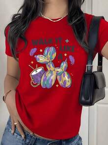 Camiseta con Estampado Gráfico de Perro Globo Colorido y Tambor, 180g, 1 Pieza, Estilo Casual para Mujer, 100% Algodón, Estilo Vintage Streetwear para Festivales y Desfiles - Rojo - Ver 9