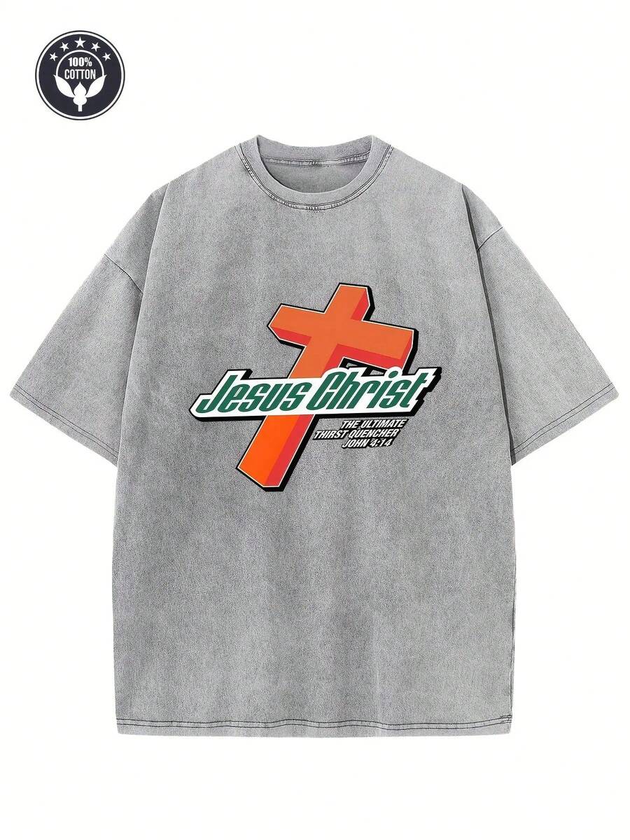 Vintage T-Shirt With Creative "Jesus Christ" Print For Men And Women, 230g Pure Cotton, Washed T-Shirt, Drop Shoulder T-Shirt, Vintage Urban T-Shirt For Men, Basic T-Shirt, Loose Unisex Hip-Hop Style T-Shirt, Washed Vintage T-Shirt. - 灰色 - 查看 1