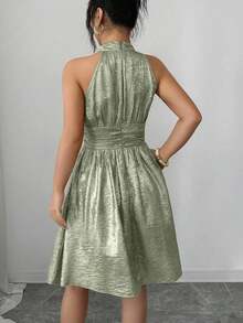 Raffinéa Vestido corto elegante y delicado de mujer con escote halter y cintura calada en forma de A, adecuado para salidas y citas, primavera/verano - Blanco - Ver 2