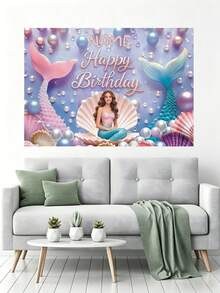 1件可定制美人鱼主题生日快乐背景布，渐变美人鱼尾巴彩色仿珍珠贝壳设计，个性化名字美人鱼主题生日派对蛋糕砸脸摄影装饰乙烯基横幅，儿童艺术活动 - 紫色 - 查看 7