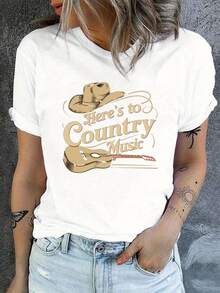 Diseño Sencillo y Versátil   Esta es una camiseta de manga corta y cuello redondo que celebra la música country, perfecta para uso casual en verano y primavera, y diseñada específicamente para mujeres. Camiseta de Algodón - Blanco - Ver 7