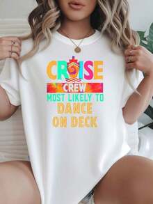 Camiseta de Mujer con Estampado 'Cruise Crew Most Likely To Dance On Deck', Opciones en Blanco y Negro, Camiseta Gráfica, Ropa de Verano para Mujer, Camisetas de Algodón Vintage Bonitas, Camisetas Gráficas de Verano, Ropa de Verano para Mujer, Camisetas Gráficas para Mujer, Tops Cortos para Mujer, Camisetas de Algodón Vintage Bonitas para Mujer, Playera Holgada para Mujer - Blanco - Ver 7