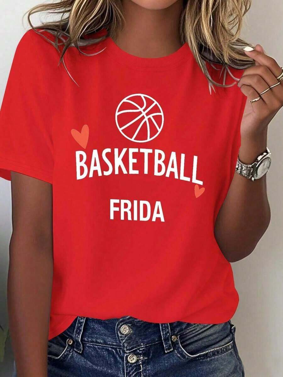 ComfortableCamiseta ligera de baloncesto para mujer FRIDA con estampado de letras en forma de corazón - Azul con estampado de canasta de baloncesto blanca y nombre inspirador, camiseta casual de manga corta, adecuada para uso diario, una opción popular para los entusiastas de la cultura mexicana, 100% algodón. Camiseta de manga corta para mujer, estilo básico que combina con todo, para uso interior y exterior. - Rojo - Ver 1