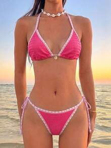 Bộ bikini nữ mùa hè 2026 kiểu Mỹ gợi cảm, buộc dây cổ hai bên, thích hợp cho kỳ nghỉ biển. - Màu Hồng Tươi - Xem 6