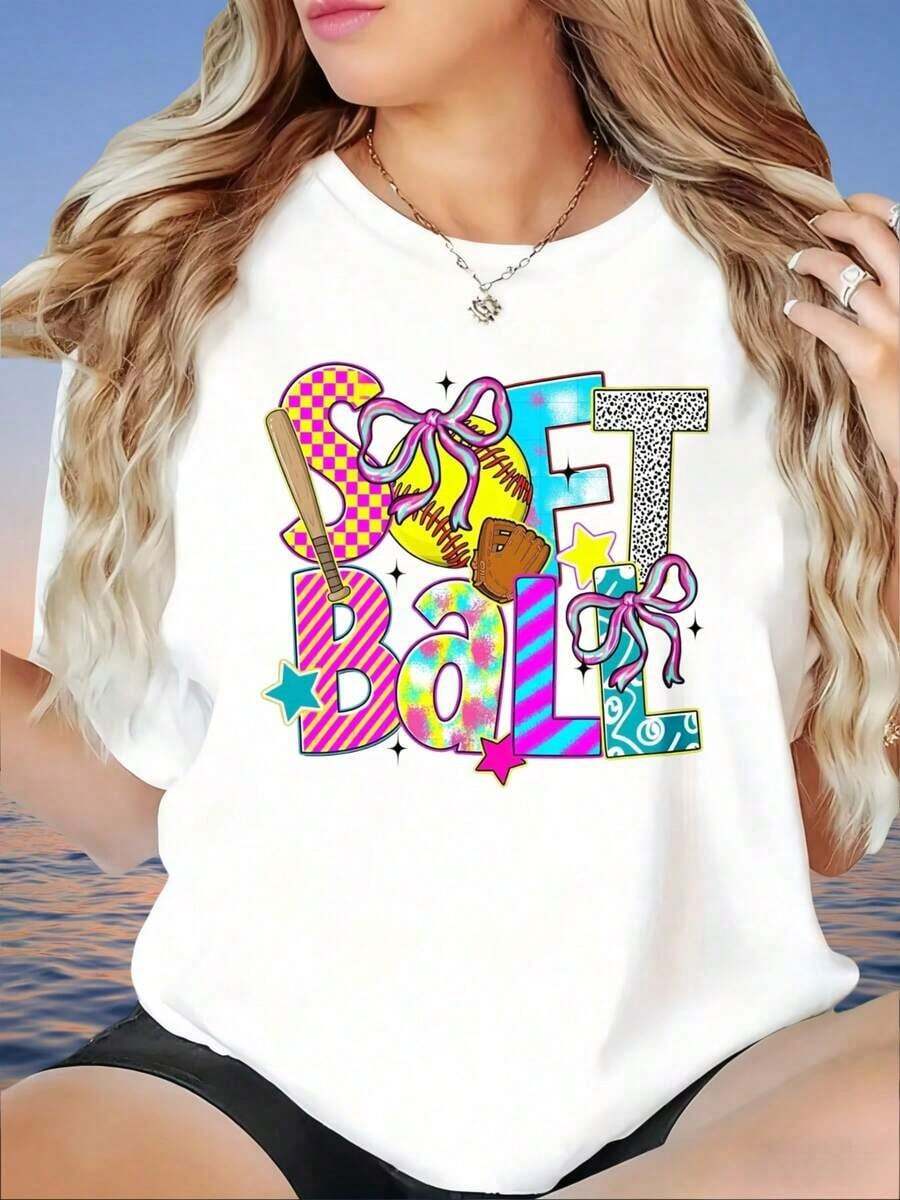 Playeras de mujer de algodón con diseño gráfico temático de softbol para mujer, con diseño colorido y motivo deportivo. Camiseta de mujer, >ropa - Blanco - Ver 1