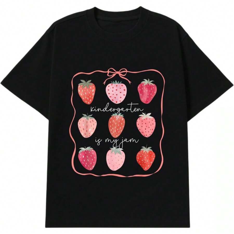 El jardín de infantes es mi pasión: Fresa | Niñas Niños | Camiseta con estampado gráfico | tela suave, regreso a clases, estilo lindo - Negro - Ver 1
