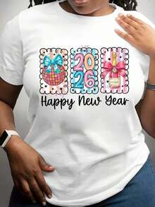 Camiseta de mujer 100% algodón con estampado de bolas de champán y la frase "Feliz Año Nuevo 2026" para celebración de fiesta. - Blanco - Ver 8