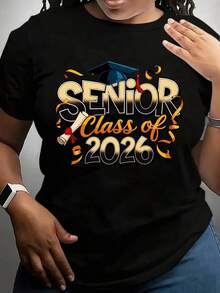 100% algodón, Camiseta de Mujer, Camiseta de Graduación de la Clase Superior de 2026 con Diseño de Birrete y Diploma para Celebración de Graduación. - Negro - Ver 7