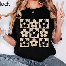 short-sleeveCamisa con flores a cuadros, Camiseta retro con flores, Camiseta bohemia con flores, Regalo para mamá, Camiseta de primavera, Moda floral, Camiseta oversize100% Cotton - Negro - Ver 6